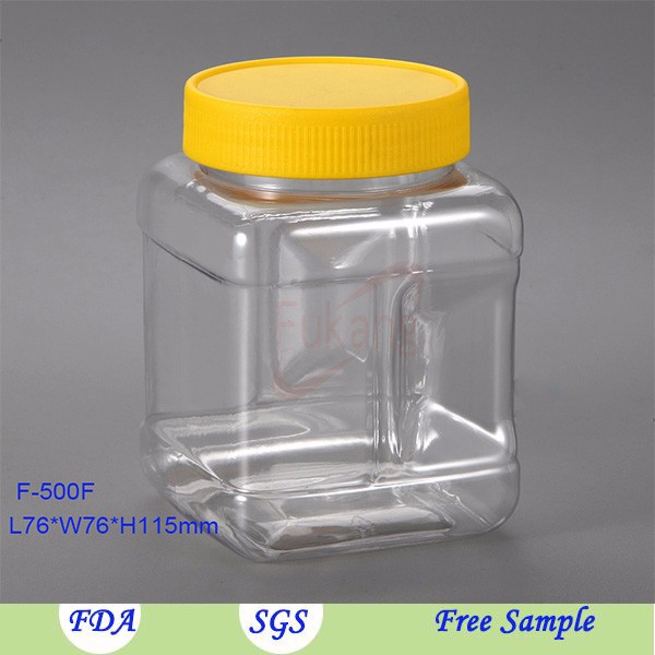 方形塑料500毫升罐，用于糖包装，透明方形透明塑料储物罐（带盖）