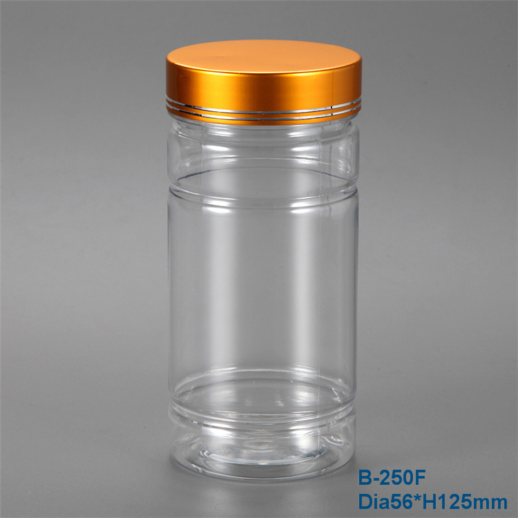 250毫升带金盖的塑料包装瓶，PET竹形瓶，带有用于标签设计的凹槽